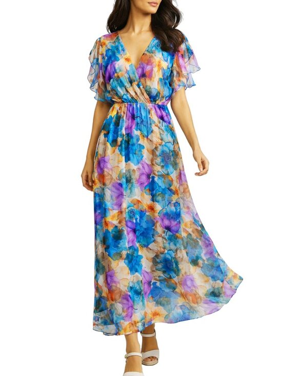 Le Ragazze Dresses & Skirts - Le Ragazze Silk-Blend Floral-Watercolour Flutter Sleeve Maxi Dress (M)